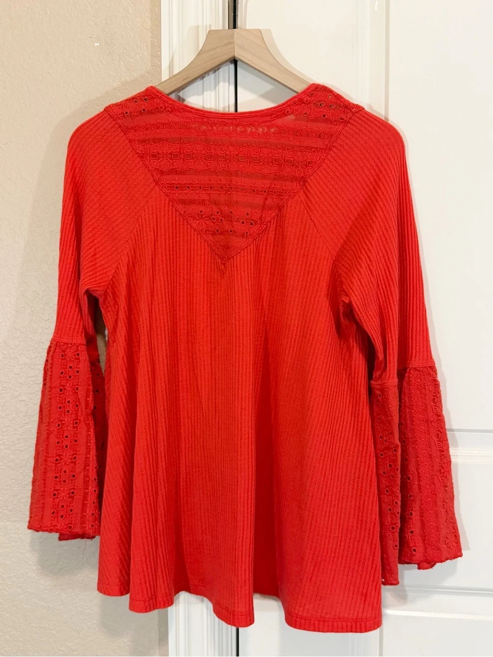 Free People Parisian Vermillion Top Embroidery Eyelet V-Neck Bell Sleeves